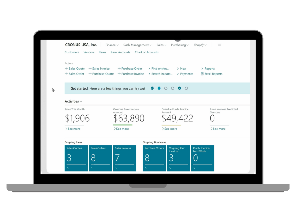 Business Central Function Dashboard on Laptop Microsoft Dynamics 365 Implementation and Microsoft Dynamics 365 migration